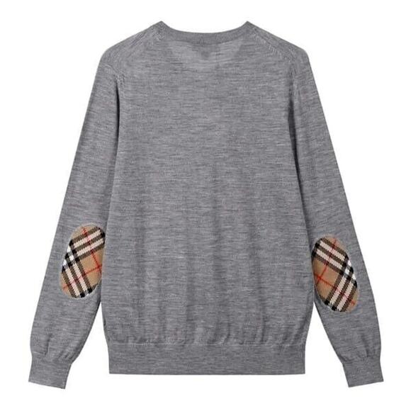 BURBERRY BEMPTON GRAY MERINO WOOL ELBOW CHECK PATCHES PULLOVER SWEATER NWT M - Picture 1 of 7